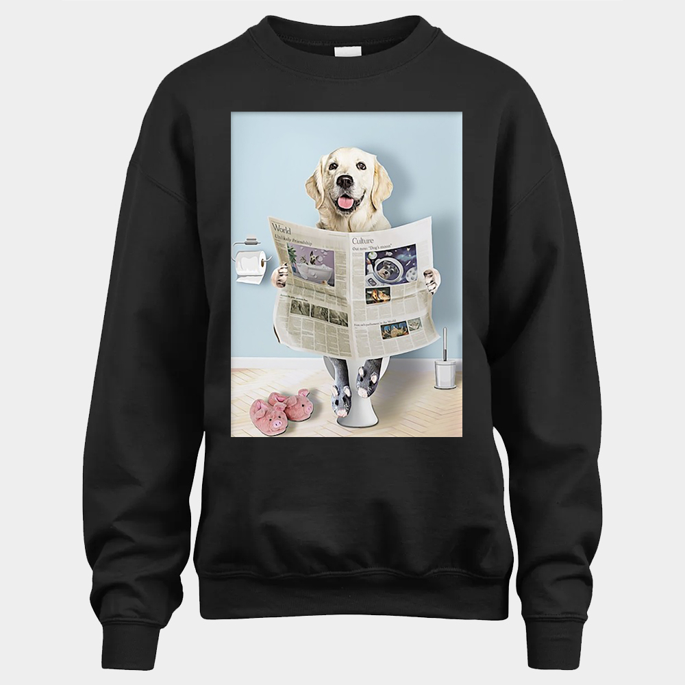 Custom Pet In Read Newspaper In Toilet From Photo Unisex Sweatshirt - Black