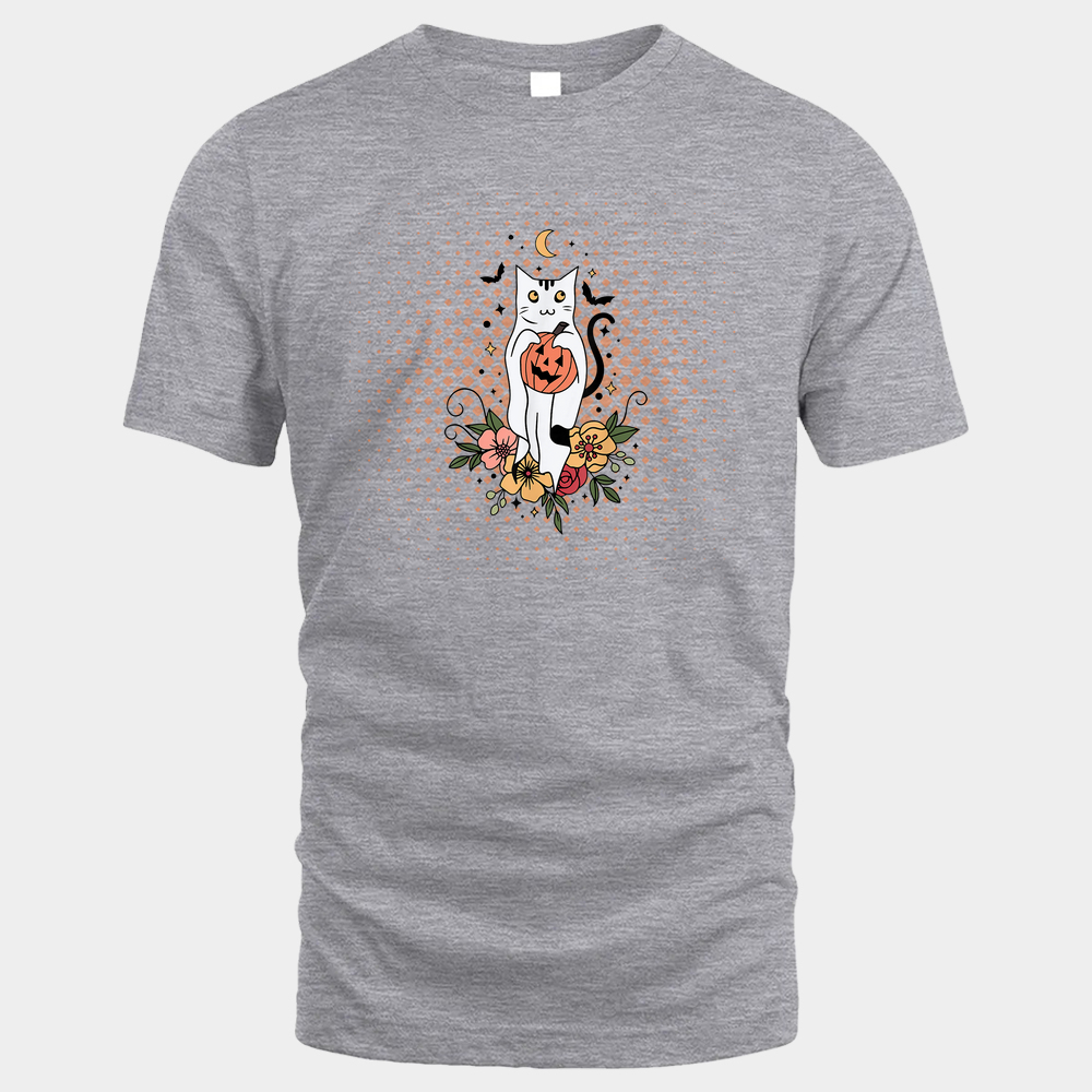 Vintage Floral Halloween Cat Ghost Unisex Tshirt - Sport Grey